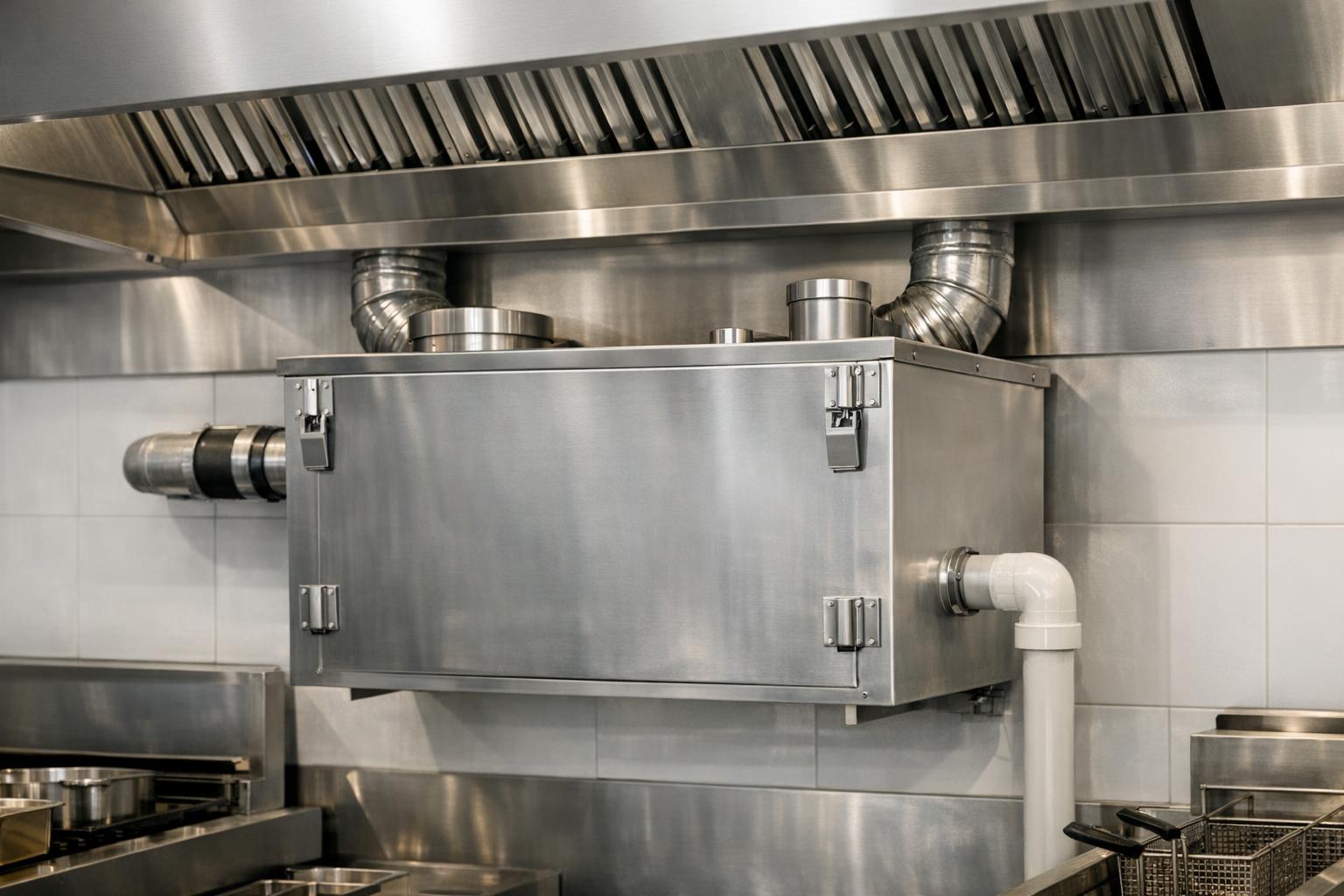 Zdjęcie: przemysłowy łapacz tłuszczu zamontowany przy okapie