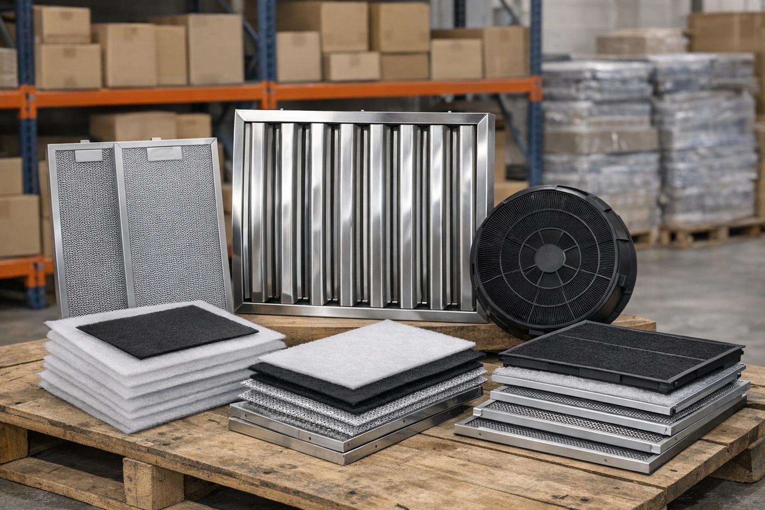 Zdjęcie: różne rodzaje filtrów do okapów i filtry warstwowe w magazynie